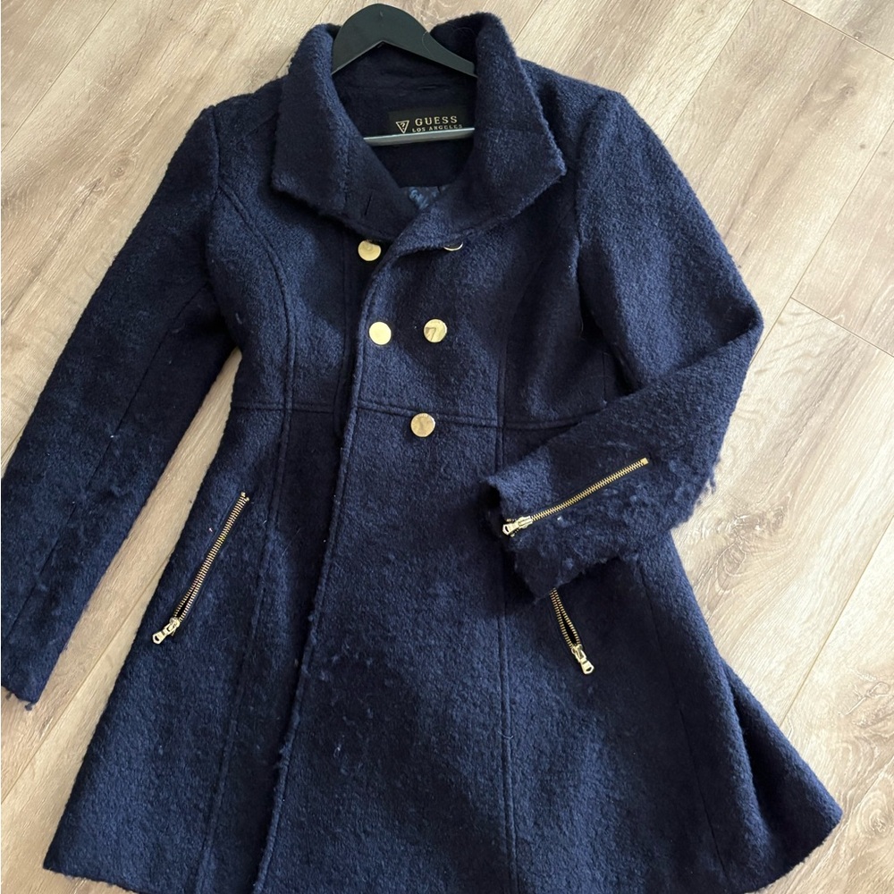 GUESS Women's Dark Blue Pea Coat with Gold Accents